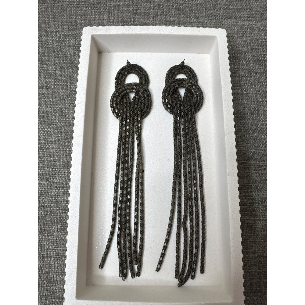 Metallic Knot Design Dangle Earrings Long Antique Bronze Tone Statement Jewelry - Picture 2 of 5